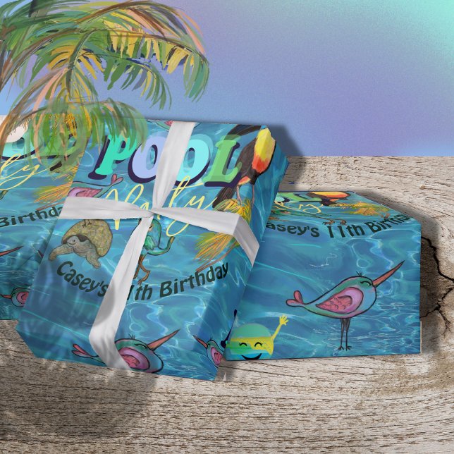 Papel De Presente Aniversário de criança da Festa Legal de Verão (Summer Cool Pool Party Kids Birthday Wrapping Paper)