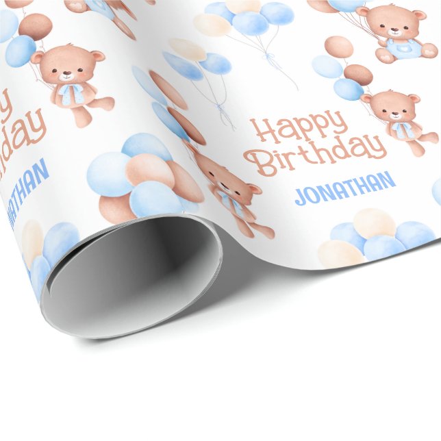 Papel De Presente Aniversário de criança de Balão de Urso Cortês (Ponta do rolo)