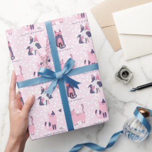 Papel De Presente Aniversário de criança de Gatos Rosa e Roxos
