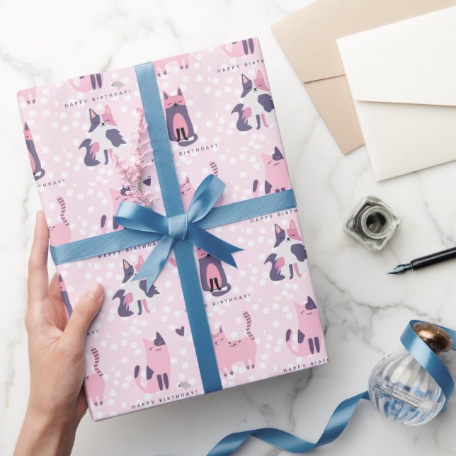 Papel De Presente Aniversário de criança de Gatos Rosa e Roxos (Presentear)