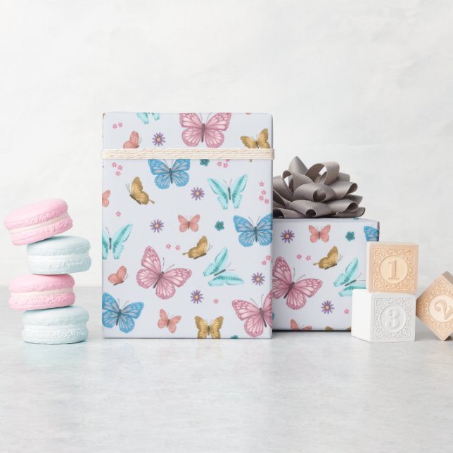 Papel De Presente Aniversário de criança de Padrão de Borboleta Rosa (Chá de bebê)