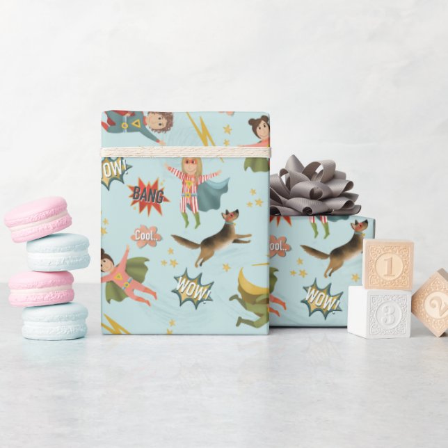 Papel De Presente Aniversário de criança de Super-Herói de Ação Azul (Chá de bebê)