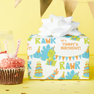 Papel De Presente Aniversário de criança do Partido Dinossauro Verde