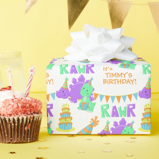 Papel De Presente Aniversário de criança do Partido Dinossauro Verde (Festa de aniversário)