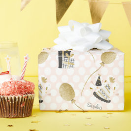 Papel De Presente Aniversário de criança Dourado de Balões de Glitte