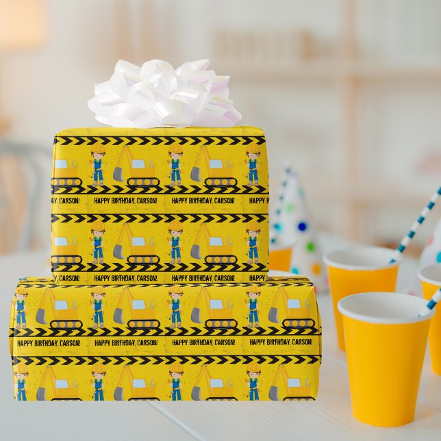 Papel De Presente Aniversário de criança Personalizado da Escavadora (Criador carregado)