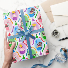 Papel De Presente Aniversário de Cupcakes e Animais Florestais Cujos