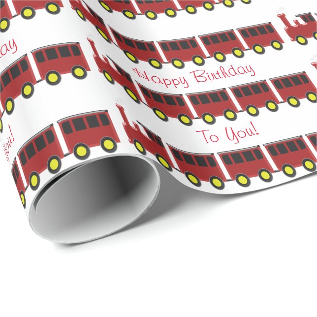Papel De Presente Aniversário de Design de Trem Vermelho Personaliza (Ponta do rolo)