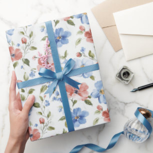 Papel De Presente Aniversário de Flores Azuis Vermelhas Bonitas