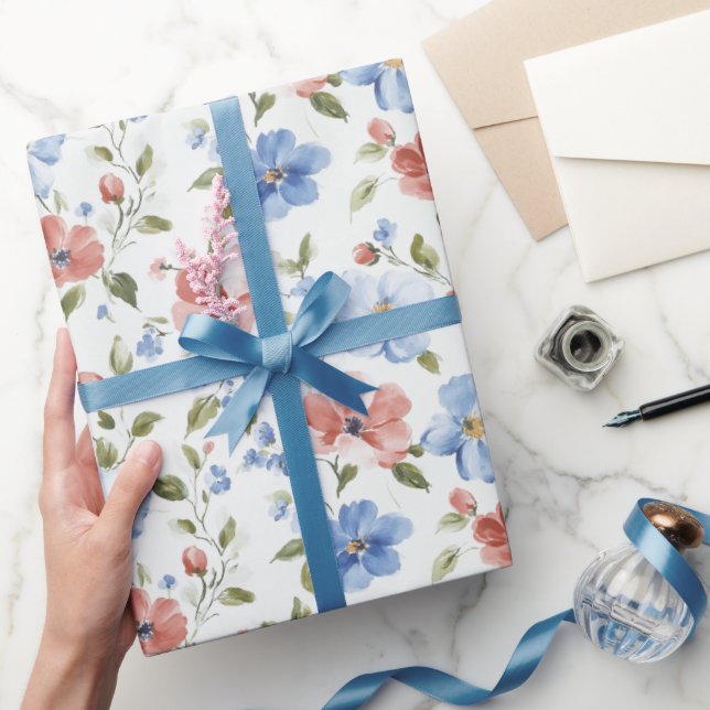 Papel De Presente Aniversário de Flores Azuis Vermelhas Bonitas (Presentear)