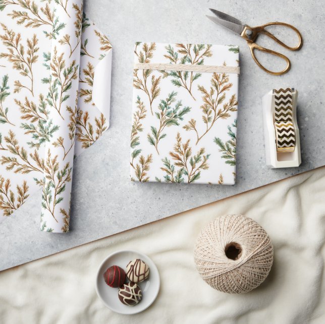 Papel De Presente Aniversário de Folhas Marrons Verdes (Artesanato)