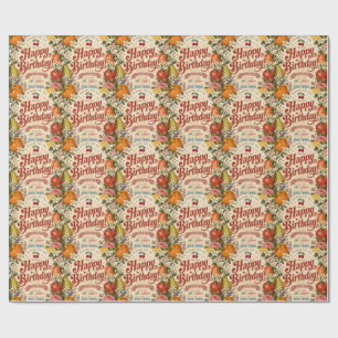 Papel De Presente Aniversário de Fruta Retro, Saudação Floral Colori