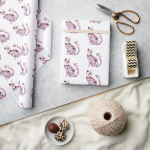 Papel De Presente Aniversário de Gato Floral Corações Brancos Rosa R