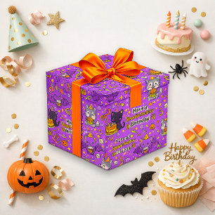 Papel De Presente Aniversário de Gato Morcego Roxo Assustador