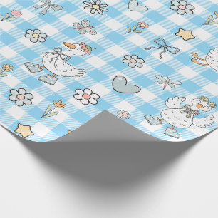 Papel De Presente Aniversário de Gingham Azul de Ganso bobo