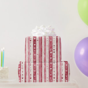 Papel De Presente Aniversário de Listras de Coração Rosa Vermelho Br