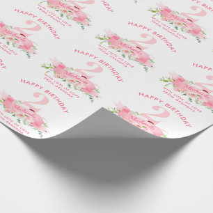 Papel De Presente Aniversário de Menina Rosa Floral Personalizado QU