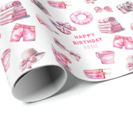 Papel De Presente Aniversário de Meninas de Verão Rosa Legal