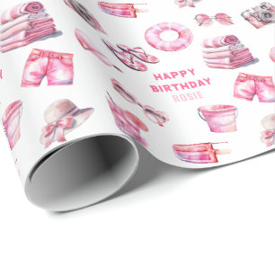 Papel De Presente Aniversário de Meninas de Verão Rosa Legal