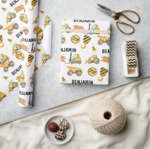 Papel De Presente Aniversário de Menino de Veículos de Construção em