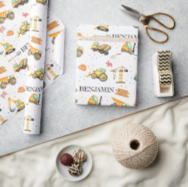 Papel De Presente Aniversário de Menino de Veículos de Construção em