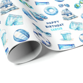 Papel De Presente Aniversário de Meninos de Verão Azul Legal