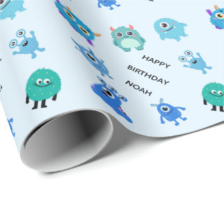 Papel De Presente Aniversário de Monstro Azul Bonito Personalizado