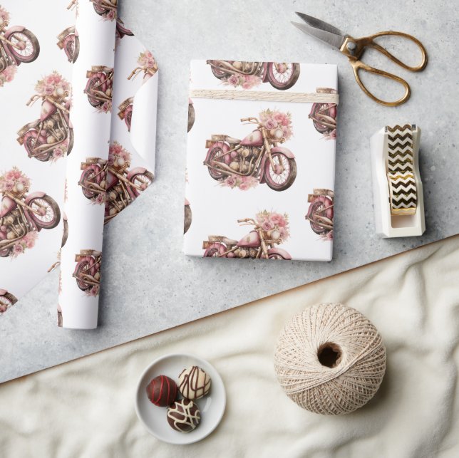 Papel De Presente Aniversário de Moto Floral Rosa (Artesanato)