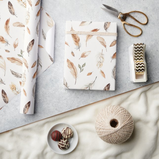 Papel De Presente Aniversário de Penas Boho Creme (Artesanato)