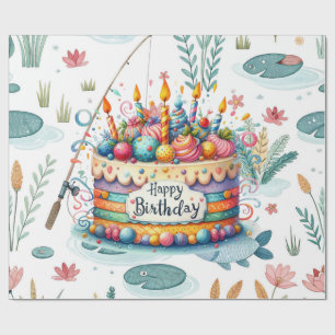 Papel De Presente Aniversário de Pesca com bolo temático de pesca
