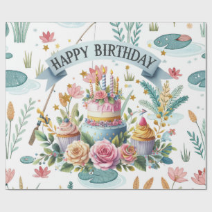 Papel De Presente Aniversário de Pesca com bolo temático de pesca