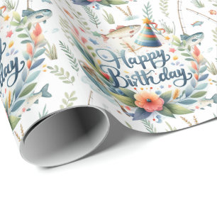 Papel De Presente Aniversário de Pesca temático com texto Feliz Aniv