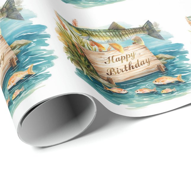 Papel De Presente Aniversário de pesca viciado em diversão   (Ponta do rolo)