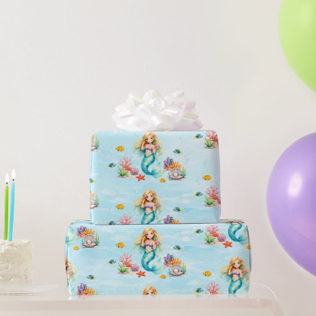 Papel De Presente Aniversário de Sereia em Aquarela (Presentes para festas)