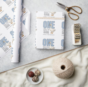Papel De Presente Aniversário de um ano do ganso bobo azul moderno p