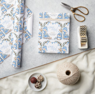 Papel De Presente Aniversário de Um Ano do Inverno Onederland Pingui