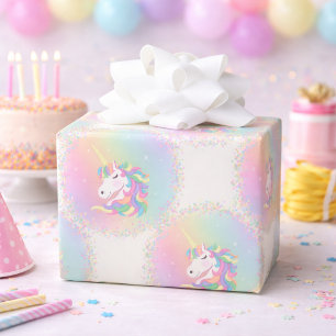 Papel De Presente Aniversário de Unicórnio Mágico Arco-íris Pastel