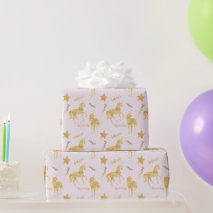 Papel De Presente Aniversário de Unicórnio Mágico Dourado