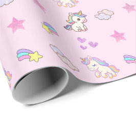 Papel De Presente Aniversário de Unicórnio Rosa Claro