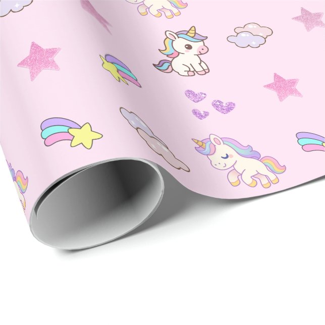 Papel De Presente Aniversário de Unicórnio Rosa Claro (Ponta do rolo)