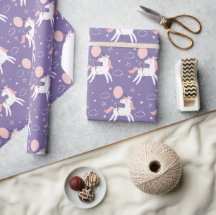 Papel De Presente Aniversário de Unicórnio Rosa e Roxo Fofinho