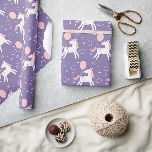 Papel De Presente Aniversário de Unicórnio Rosa e Roxo Fofinho  (Artesanato)