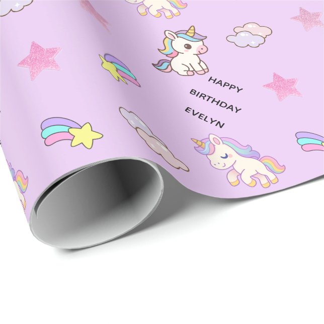 Papel De Presente Aniversário de Unicórnio Roxo Personalizado (Ponta do rolo)