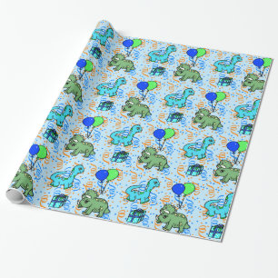Papel De Presente Aniversário Dinossauros Confetes Azul e Verde