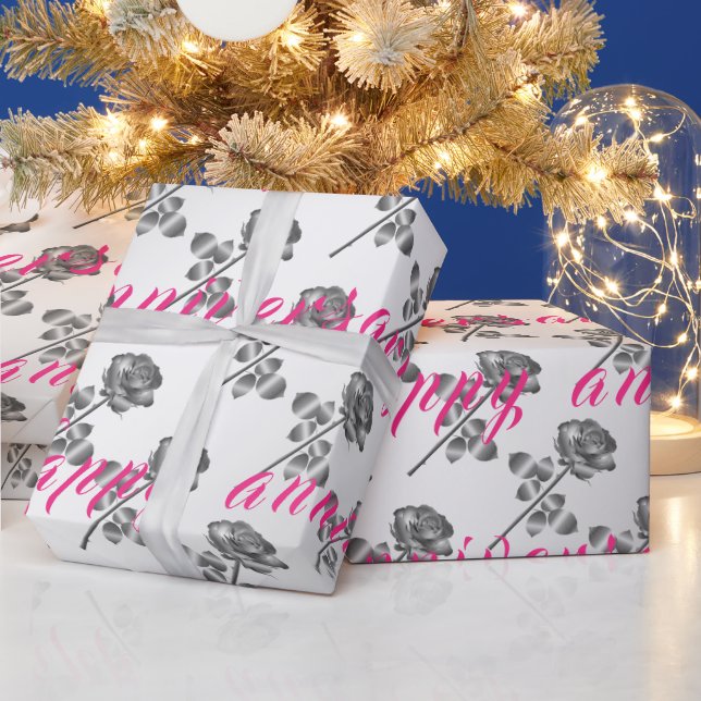 Papel De Presente Aniversário do 25 de Prata Floral Feliz do Luxury (Feriados)