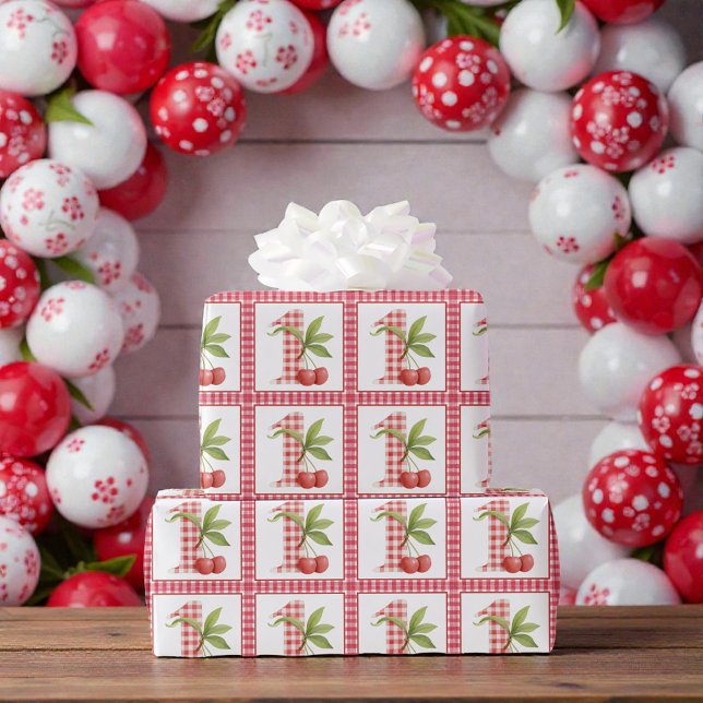 Papel De Presente Aniversário do Bebê com Xadrez Vermelho e Cereja (Criador carregado)