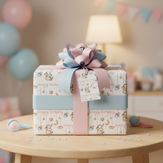 Papel De Presente Aniversário do bebê elefante fofo (Criador carregado)