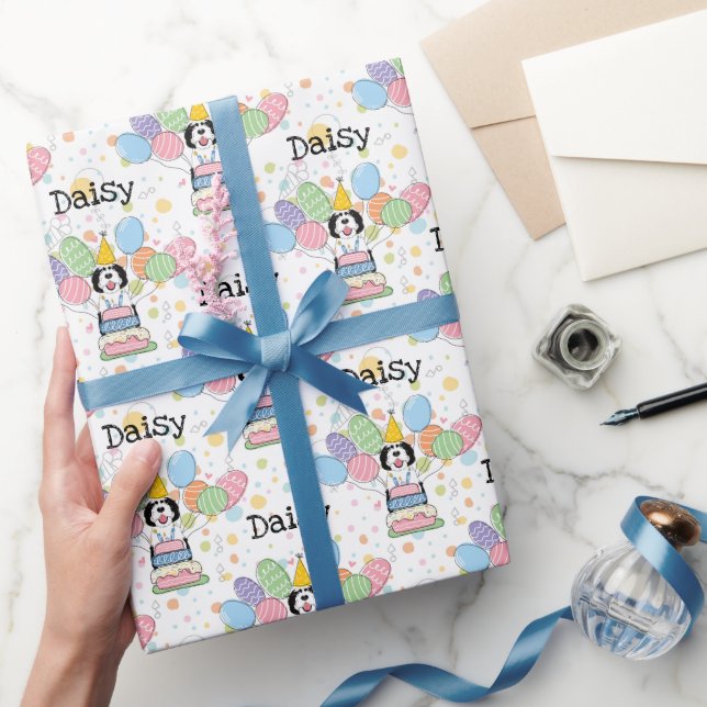 Papel De Presente Aniversário do Cachorro Negro e Branco (Presentear)