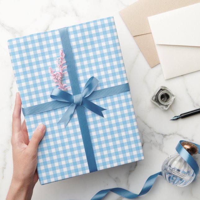 Papel De Presente Aniversário do Chá de Verificação de Gingham Azul  (Presentear)