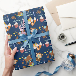 Papel De Presente Aniversário do Criança Azul de Animais da Floresta